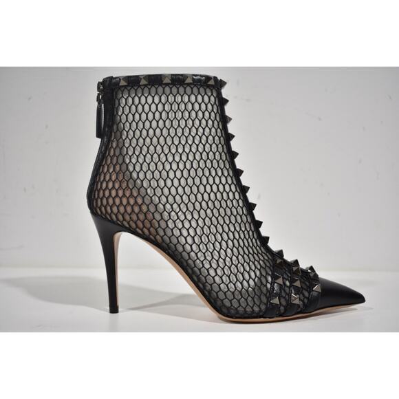 Valentino Rockstud Black Mesh Leather Stud Heel Pointed Toe Ankle Boot Bootie 37 - Picture 2 of 12